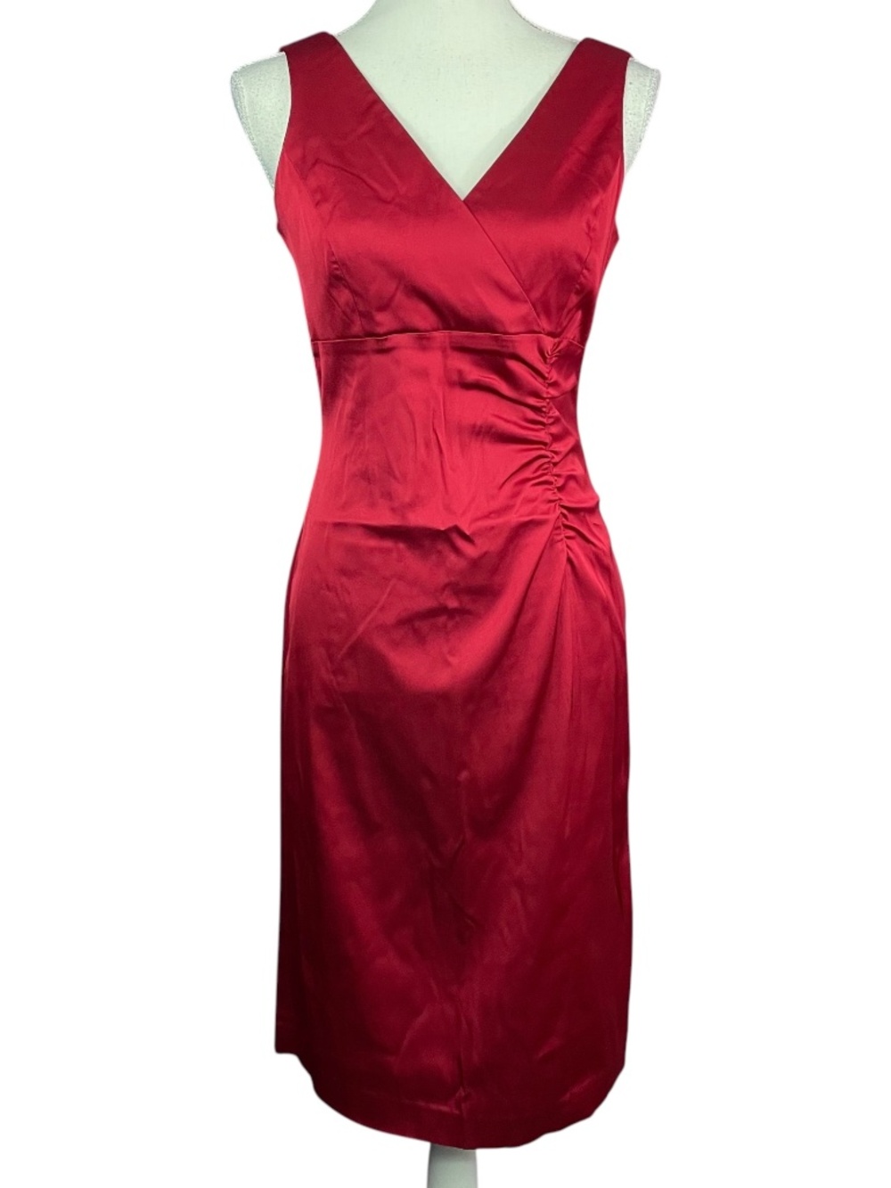 Donna Ricco Satin Dress 6 Burgundy Red Sheath Pencil Midi Gathered Ruched Formal